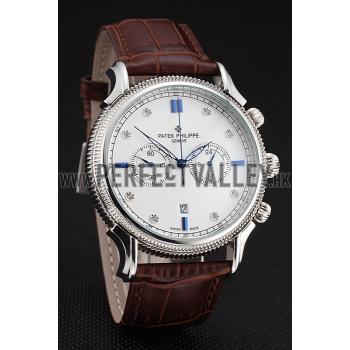 Patek Philippe Chronograph White Dial With Diamond And Blue Markings Stainless Steel Case Brown Leather Strap Replica