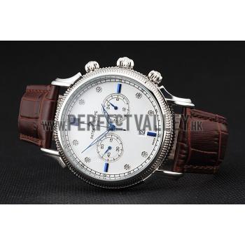 Patek Philippe Chronograph White Dial With Diamond And Blue Markings Stainless Steel Case Brown Leather Strap Replica