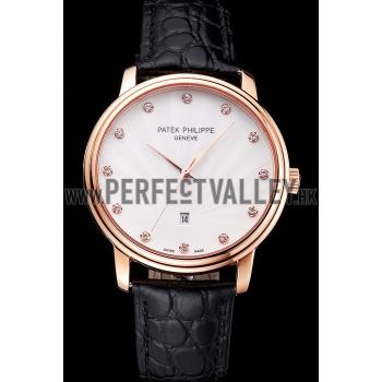 Patek Philippe Calatrava Date White Dial Rose Gold Case Black Leather Strap Replica