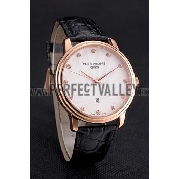 Patek Philippe Calatrava Date White Dial Rose Gold Case Black Leather Strap Replica