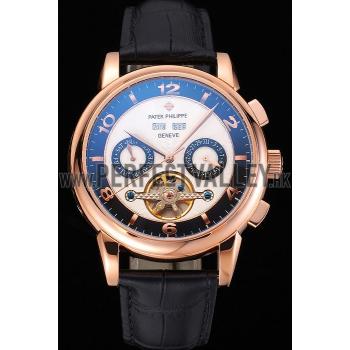 Patek Philippe Perpetual Calendar Tourbillon Two Tone Dial Rose Gold Case Black Leather Strap