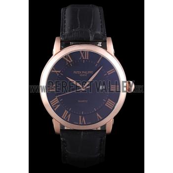 Patek Philippe Calatrava Roze Gold Polished Bezel Black Leather Bracelet 801435 Replica