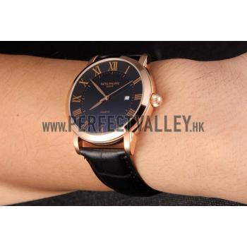 Patek Philippe Calatrava Roze Gold Polished Bezel Black Leather Bracelet 801435 Replica