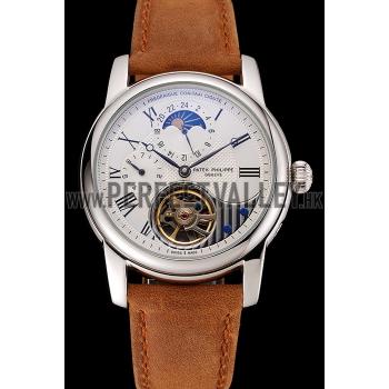 Patek Philippe Grand Complications GMT Moonphase Tourbillon White Dial Stainless Steel Case Brown Suede Leather Strap 1453824