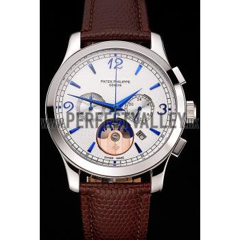 Patek Philippe Chronograph White Guilloche Dial Blue Hands Stainless Steel Case Brown Leather Strap