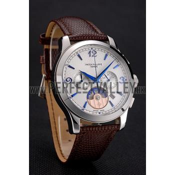 Patek Philippe Chronograph White Guilloche Dial Blue Hands Stainless Steel Case Brown Leather Strap