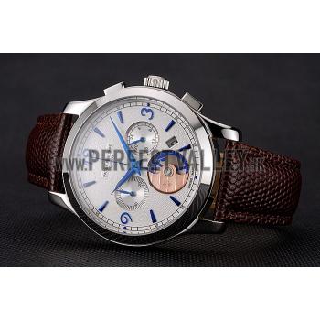 Patek Philippe Chronograph White Guilloche Dial Blue Hands Stainless Steel Case Brown Leather Strap