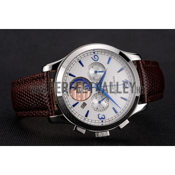 Patek Philippe Chronograph White Guilloche Dial Blue Hands Stainless Steel Case Brown Leather Strap