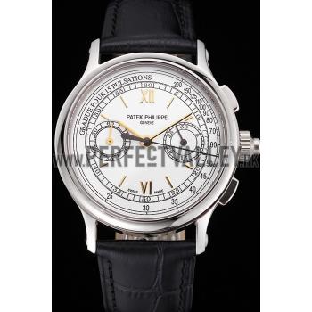 Swiss Patek Philippe 5170J Chronograph White Dial Gold Hands Stainless Steel Case Black Leather Strap