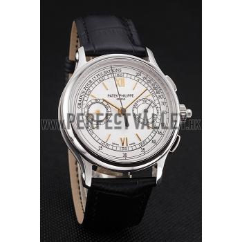 Swiss Patek Philippe 5170J Chronograph White Dial Gold Hands Stainless Steel Case Black Leather Strap