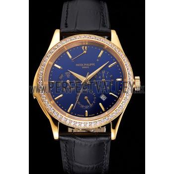 Replica Swiss Patek Philippe Grand Complications Perpetual Calendar Blue Dial Gold Case Diamond Bezel Black Leather Strap