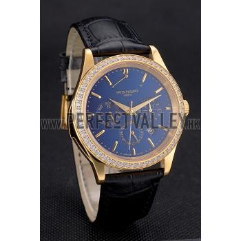 Replica Swiss Patek Philippe Grand Complications Perpetual Calendar Blue Dial Gold Case Diamond Bezel Black Leather Strap