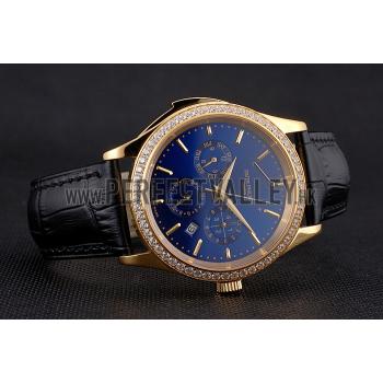 Replica Swiss Patek Philippe Grand Complications Perpetual Calendar Blue Dial Gold Case Diamond Bezel Black Leather Strap