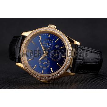 Replica Swiss Patek Philippe Grand Complications Perpetual Calendar Blue Dial Gold Case Diamond Bezel Black Leather Strap