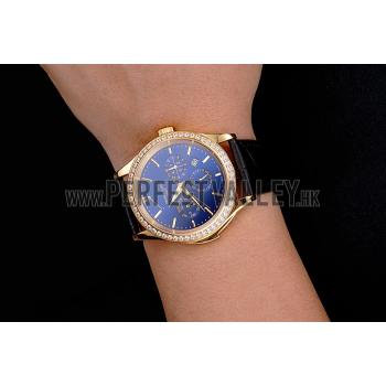 Replica Swiss Patek Philippe Grand Complications Perpetual Calendar Blue Dial Gold Case Diamond Bezel Black Leather Strap