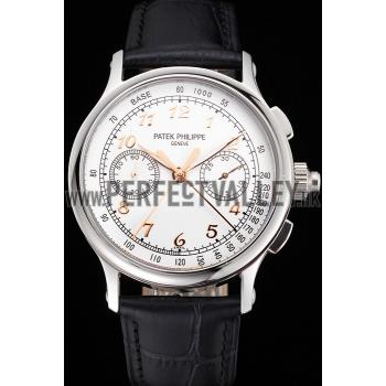 Replica Swiss Patek Philippe Split Seconds Chronograph White Dial Rose Gold Hands Stainless Steel Case Black Leather Strap