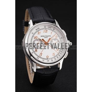 Replica Swiss Patek Philippe Split Seconds Chronograph White Dial Rose Gold Hands Stainless Steel Case Black Leather Strap