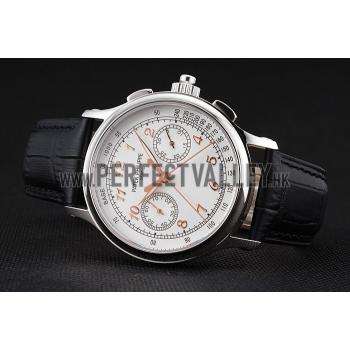 Replica Swiss Patek Philippe Split Seconds Chronograph White Dial Rose Gold Hands Stainless Steel Case Black Leather Strap