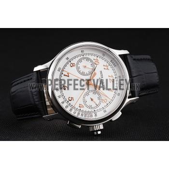 Replica Swiss Patek Philippe Split Seconds Chronograph White Dial Rose Gold Hands Stainless Steel Case Black Leather Strap