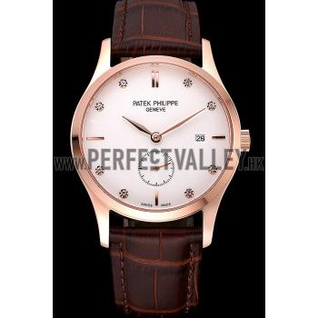 Patek Philippe Calatrava White Dial Diamond Numerals Rose Gold Case Brown Leather Strap  622834