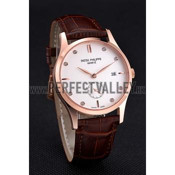 Patek Philippe Calatrava White Dial Diamond Numerals Rose Gold Case Brown Leather Strap  622834