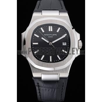 Patek Philippe Nautilus Black Dial Brushed Stainless Steel Case Black Leather Strap Replica