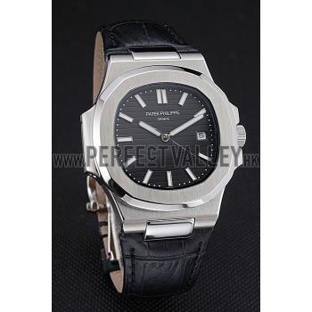 Patek Philippe Nautilus Black Dial Brushed Stainless Steel Case Black Leather Strap Replica