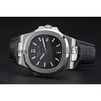 Patek Philippe Nautilus Black Dial Brushed Stainless Steel Case Black Leather Strap Replica