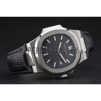 Patek Philippe Nautilus Black Dial Brushed Stainless Steel Case Black Leather Strap Replica