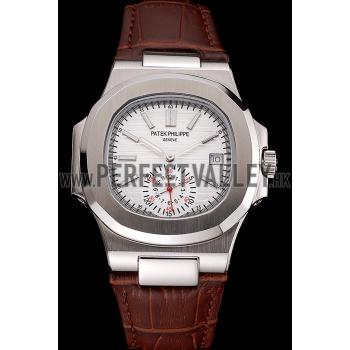 Patek Philippe Nautilus White Dial Stainless Steel Case Brown Leather Strap