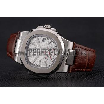 Patek Philippe Nautilus White Dial Stainless Steel Case Brown Leather Strap