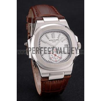 Patek Philippe Nautilus White Dial Stainless Steel Case Brown Leather Strap