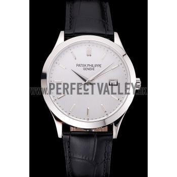 Swiss Patek Philippe Calatrava Silver Dial Stainless Steel Case Black Leather Strap