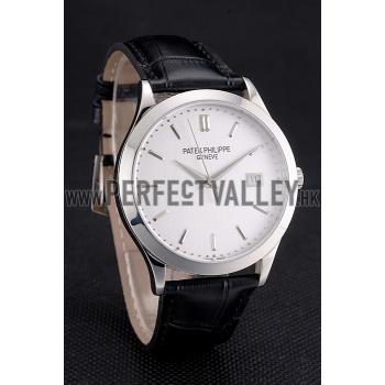 Swiss Patek Philippe Calatrava Silver Dial Stainless Steel Case Black Leather Strap