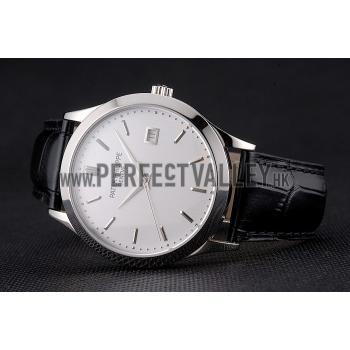 Swiss Patek Philippe Calatrava Silver Dial Stainless Steel Case Black Leather Strap