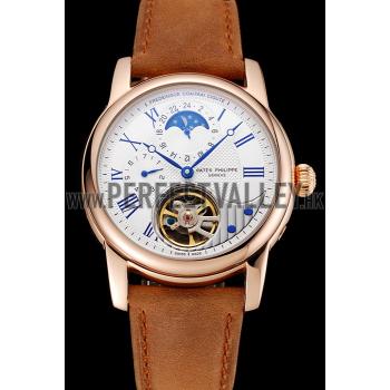 Patek Philippe Grand Complications GMT Moonphase Tourbillon White Dial Blue Numerals Rose Gold Case Brown Suede Leather Strap 1453820