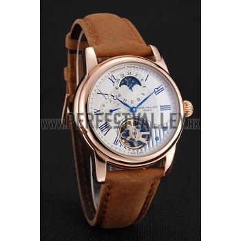 Patek Philippe Grand Complications GMT Moonphase Tourbillon White Dial Blue Numerals Rose Gold Case Brown Suede Leather Strap 1453820