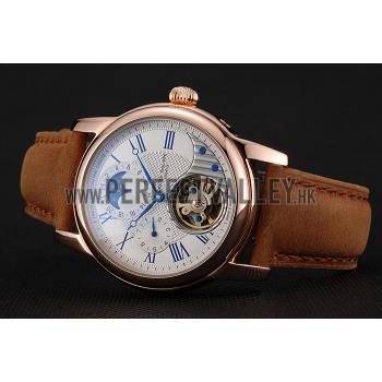 Patek Philippe Grand Complications GMT Moonphase Tourbillon White Dial Blue Numerals Rose Gold Case Brown Suede Leather Strap 1453820