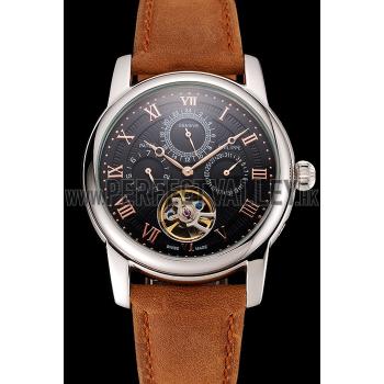 Patek Philippe Grand Complications Day Date Tourbillon Black Dial Rose Gold Numerals Stainless Steel Case Brown Suede Leather Strap 1453815 EY Replica