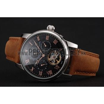 Patek Philippe Grand Complications Day Date Tourbillon Black Dial Rose Gold Numerals Stainless Steel Case Brown Suede Leather Strap 1453815 EY Replica