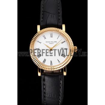 Patek Philippe Calatrava White Dial Roman Numerals Double Ribbed Bezel Gold Case Black Leather Strap