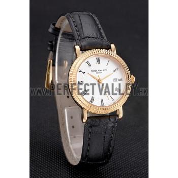 Patek Philippe Calatrava White Dial Roman Numerals Double Ribbed Bezel Gold Case Black Leather Strap