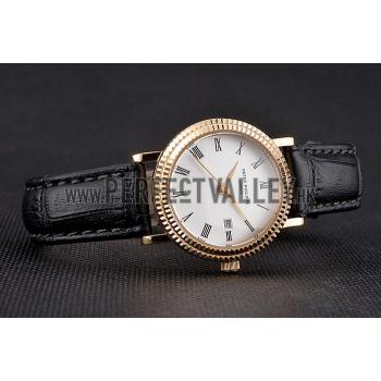 Patek Philippe Calatrava White Dial Roman Numerals Double Ribbed Bezel Gold Case Black Leather Strap