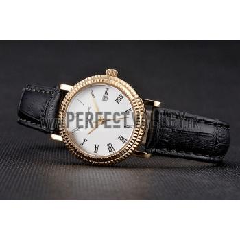 Patek Philippe Calatrava White Dial Roman Numerals Double Ribbed Bezel Gold Case Black Leather Strap