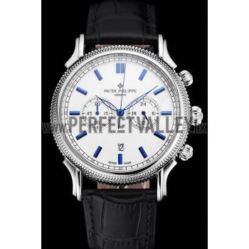 Patek Philippe Chronograph White Dial Blue Markings Stainless Steel Case Black Leather Strap