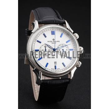 Patek Philippe Chronograph White Dial Blue Markings Stainless Steel Case Black Leather Strap