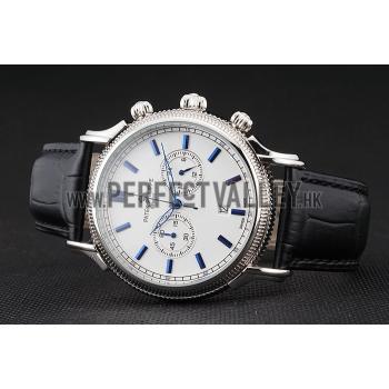 Patek Philippe Chronograph White Dial Blue Markings Stainless Steel Case Black Leather Strap