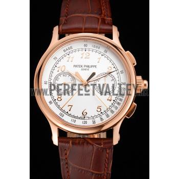 Swiss Patek Philippe Split Seconds Chronograph White Dial Rose Gold Case Brown Leather Strap