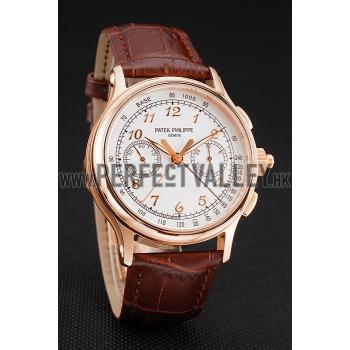 Swiss Patek Philippe Split Seconds Chronograph White Dial Rose Gold Case Brown Leather Strap