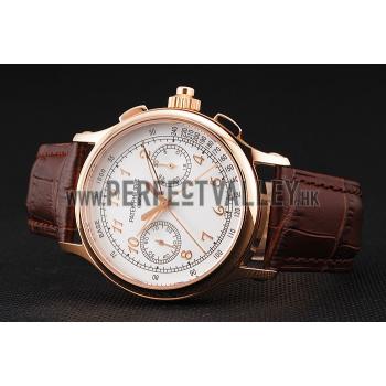 Swiss Patek Philippe Split Seconds Chronograph White Dial Rose Gold Case Brown Leather Strap